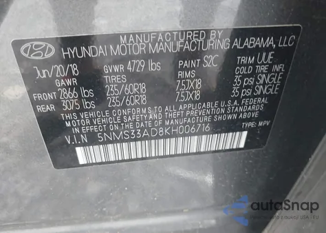 2019 Hyundai Santa Fe Sel/Sel Plus z USA, uszkodzony, nr VIN 5NMS33AD8KH006716